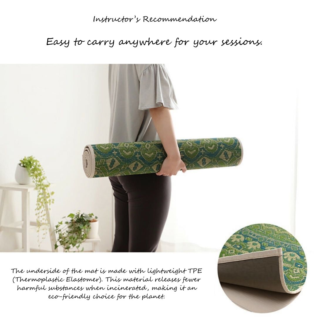 Person holding a green patterned yoga mat with text about its eco-friendly material.