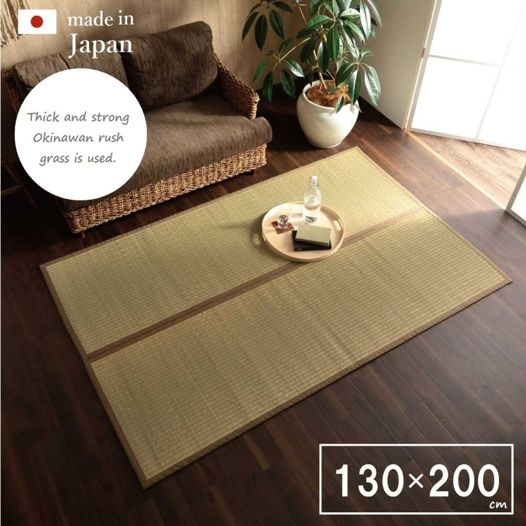 Tatami rug brown color on a living room brown floor next to a green plant and a black sofa and window open