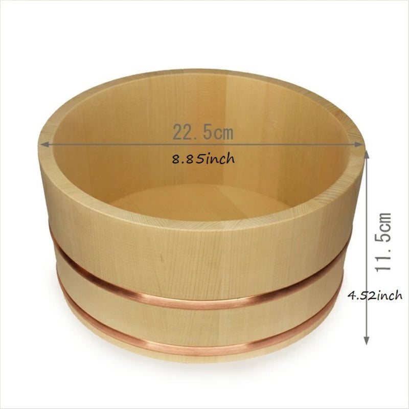 brown wooden bath bucket with its dimensions