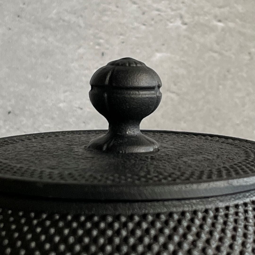 A close-up view of the top part of a black cast iron tetsubin kettle, with a spot cast iron on its lid. The lid is placed on top of the kettle, and the surface of the lid has a rough texture.