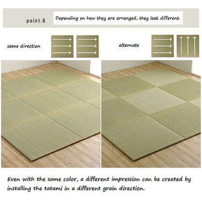 two pictures of square tatami mat on a wooden floor