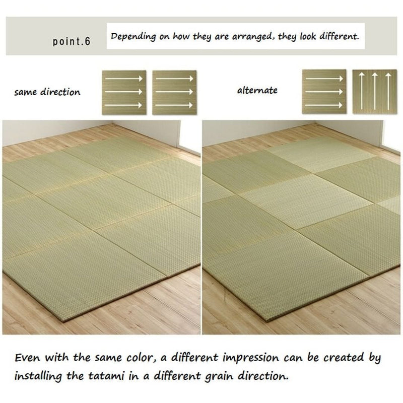 two pictures of square tatami mat on a wooden floor