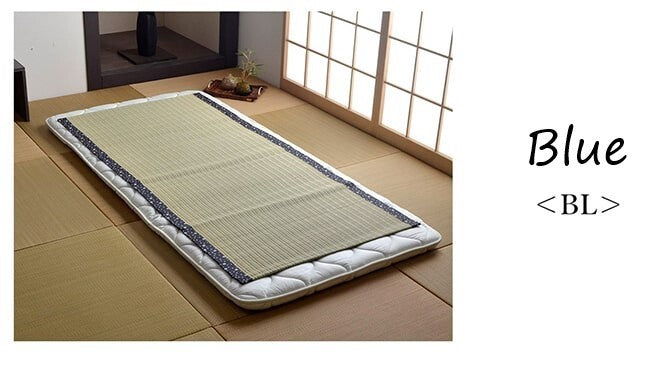 in a Japanese traditional tatami room, a tatami mat roll with written blue